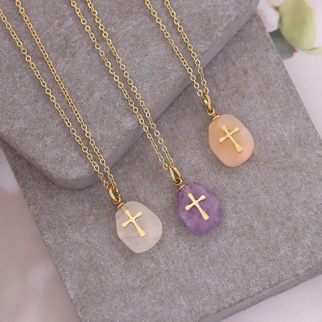 Natural Stone Cross Necklace Stainless Steel Jewelry - YESHUALL