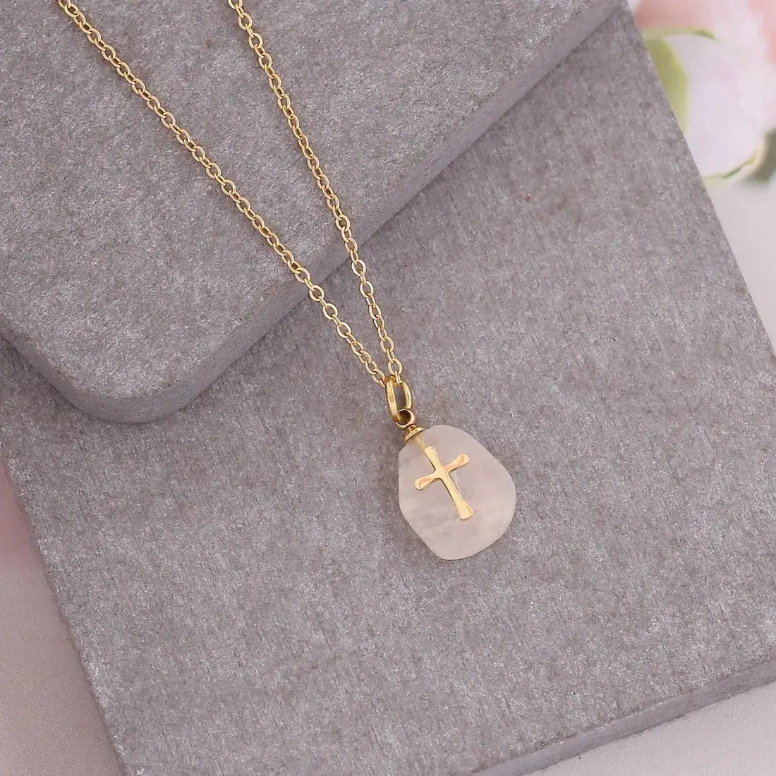 Natural Stone Cross Necklace Stainless Steel Jewelry - YESHUALL
