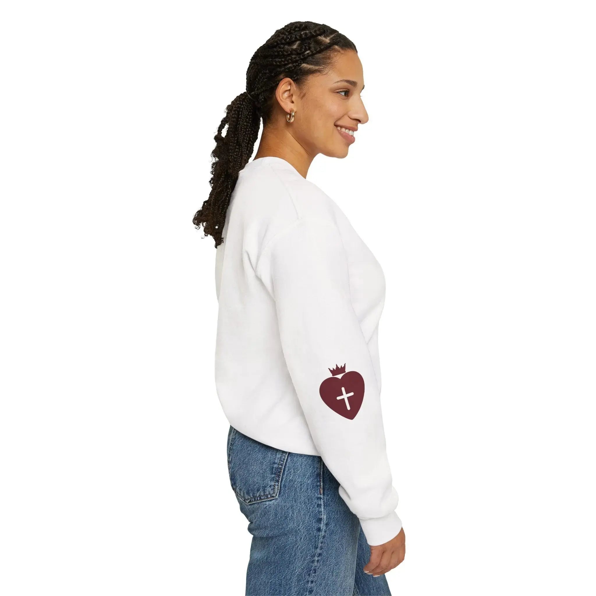Faith crewneck design close-up, Bible verse Christian women's top