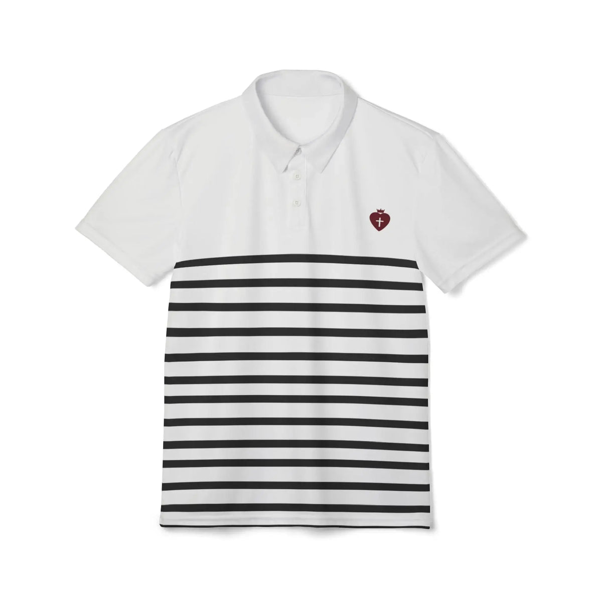 Christian polo shirt front detail, full print faith women's top