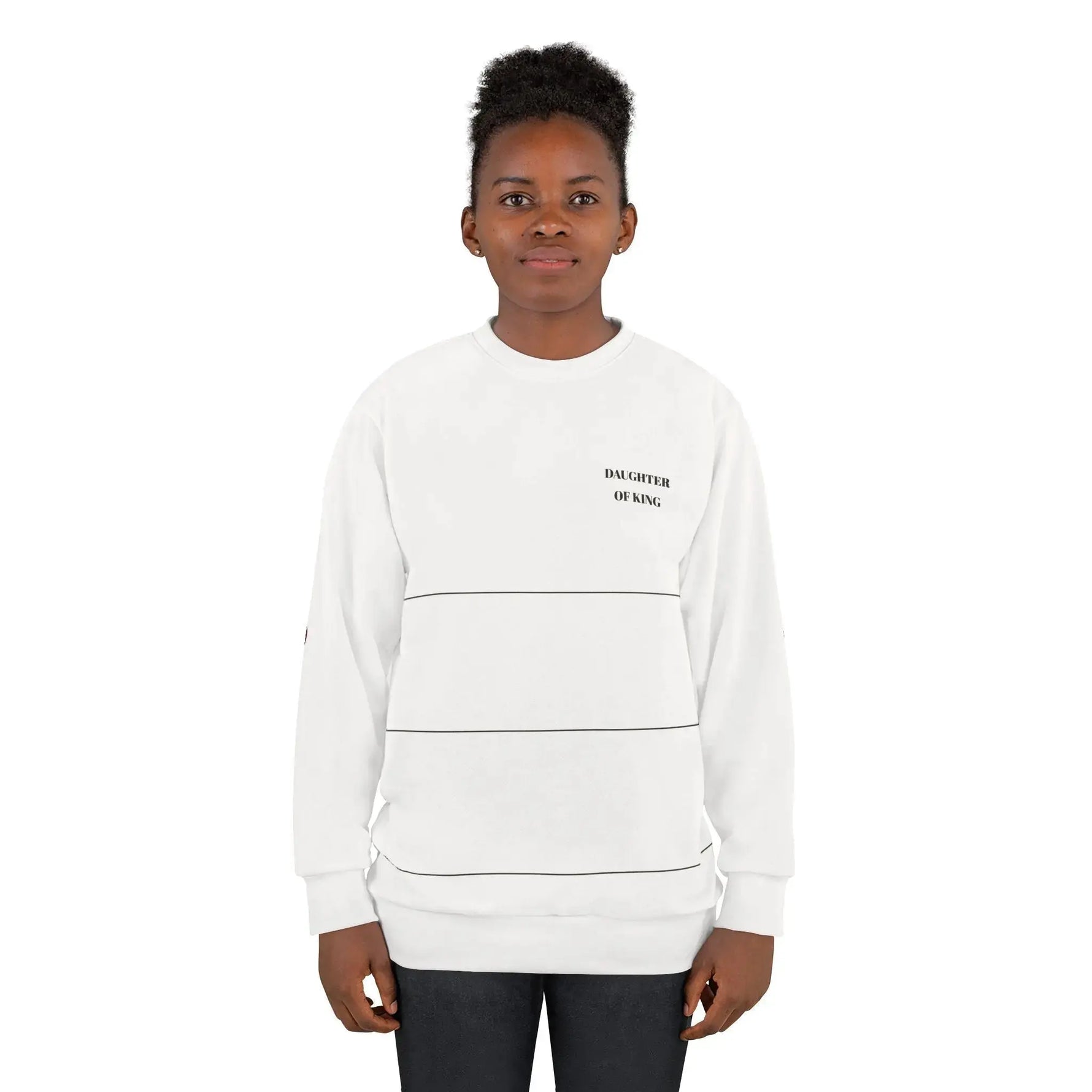 Woman wearing faith full print sweatshirt, Christian gift for her, view 4