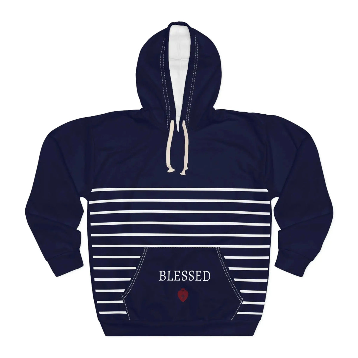 White overflow faith hoodie detail, Christian women's full print pullover
