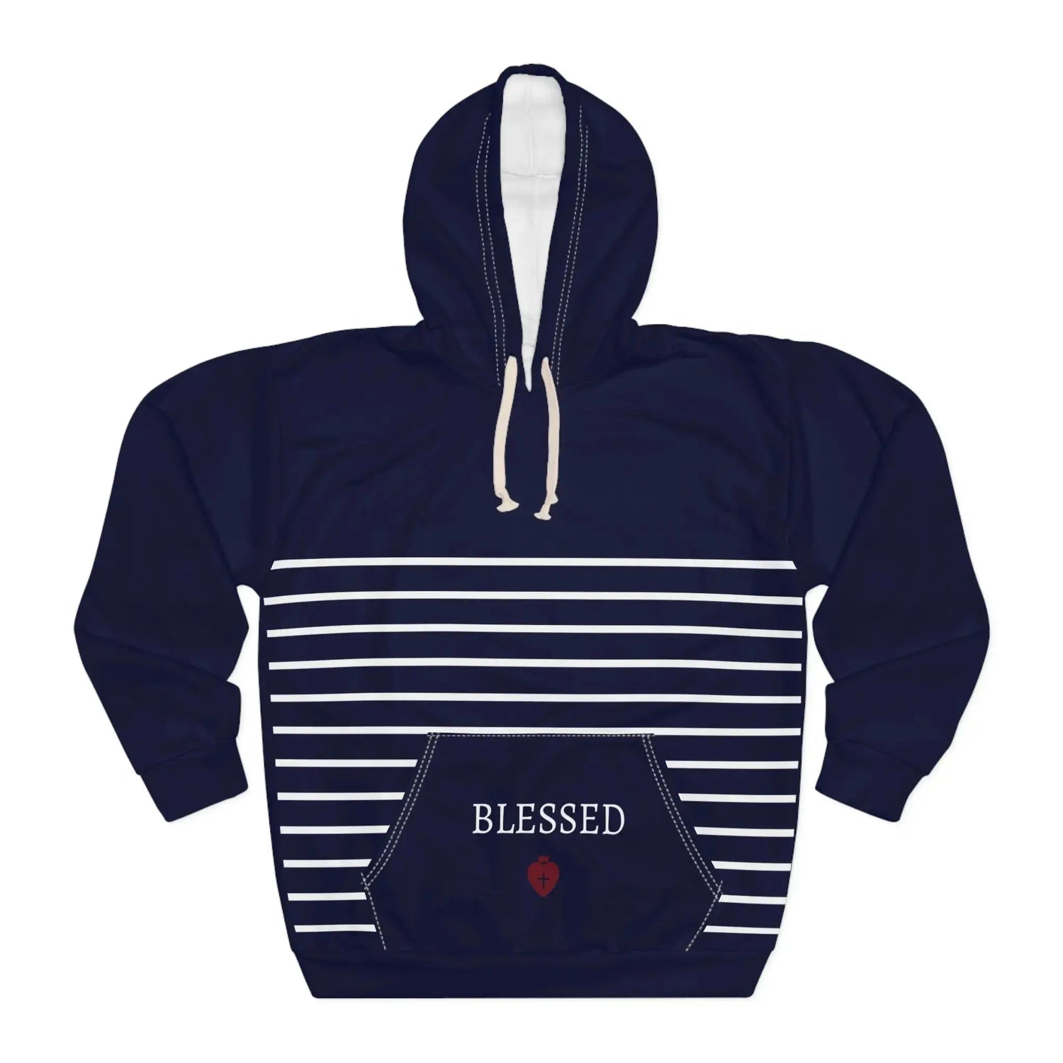 White overflow faith hoodie detail, Christian women's full print pullover