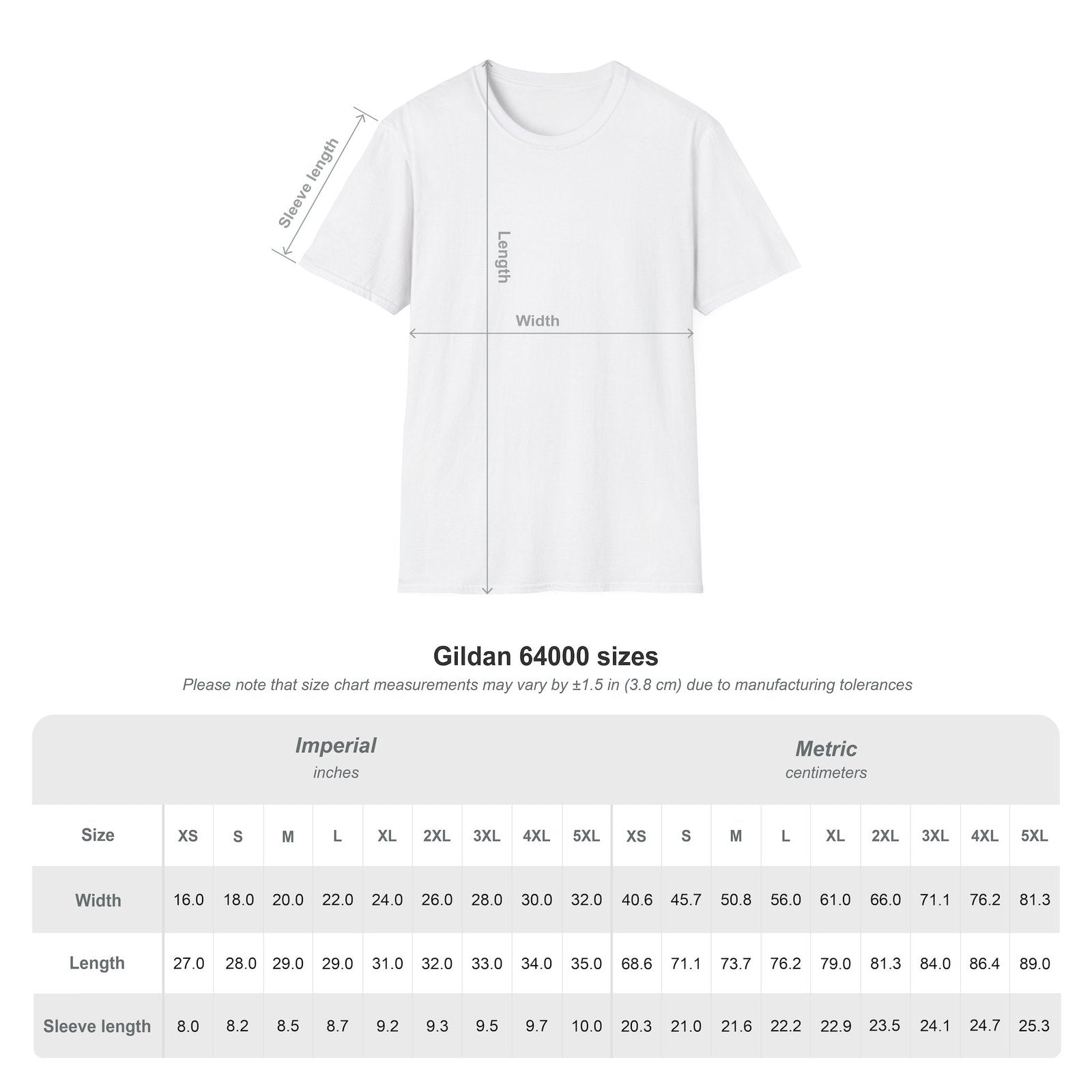 Gildan 64000 T-shirt size guide with width, length and sleeve measurements in inches and centimeters